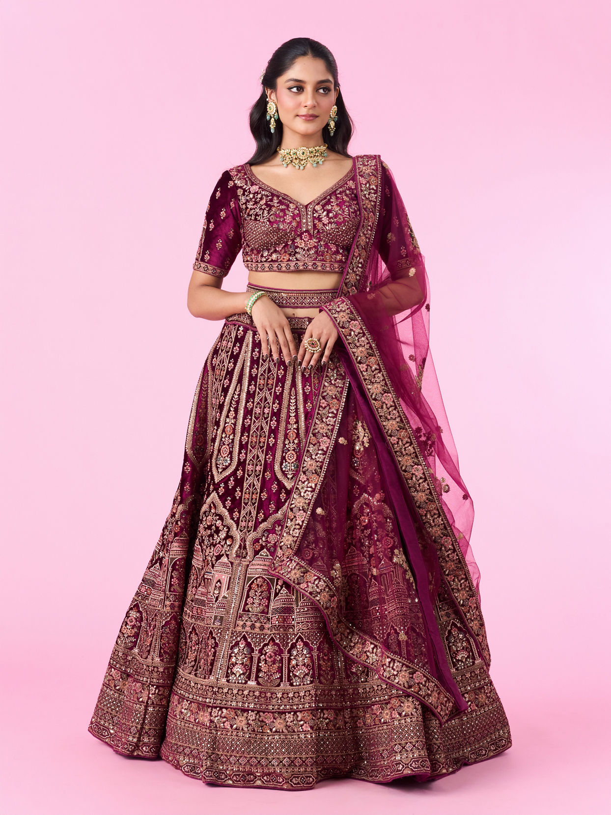 Mohey Women Regal Wine Velvet Bridal Lehenga