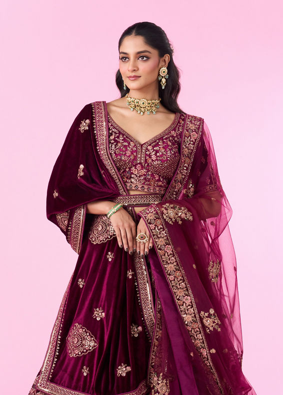 Mohey Women Regal Wine Velvet Bridal Lehenga
