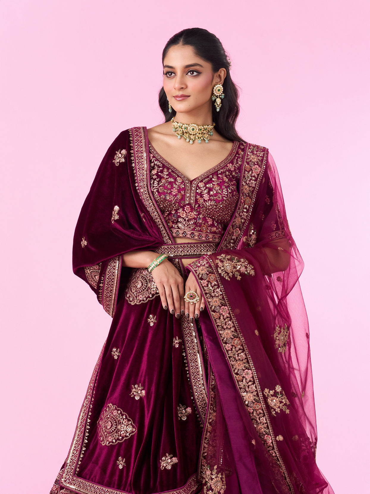 Mohey Women Regal Wine Velvet Bridal Lehenga