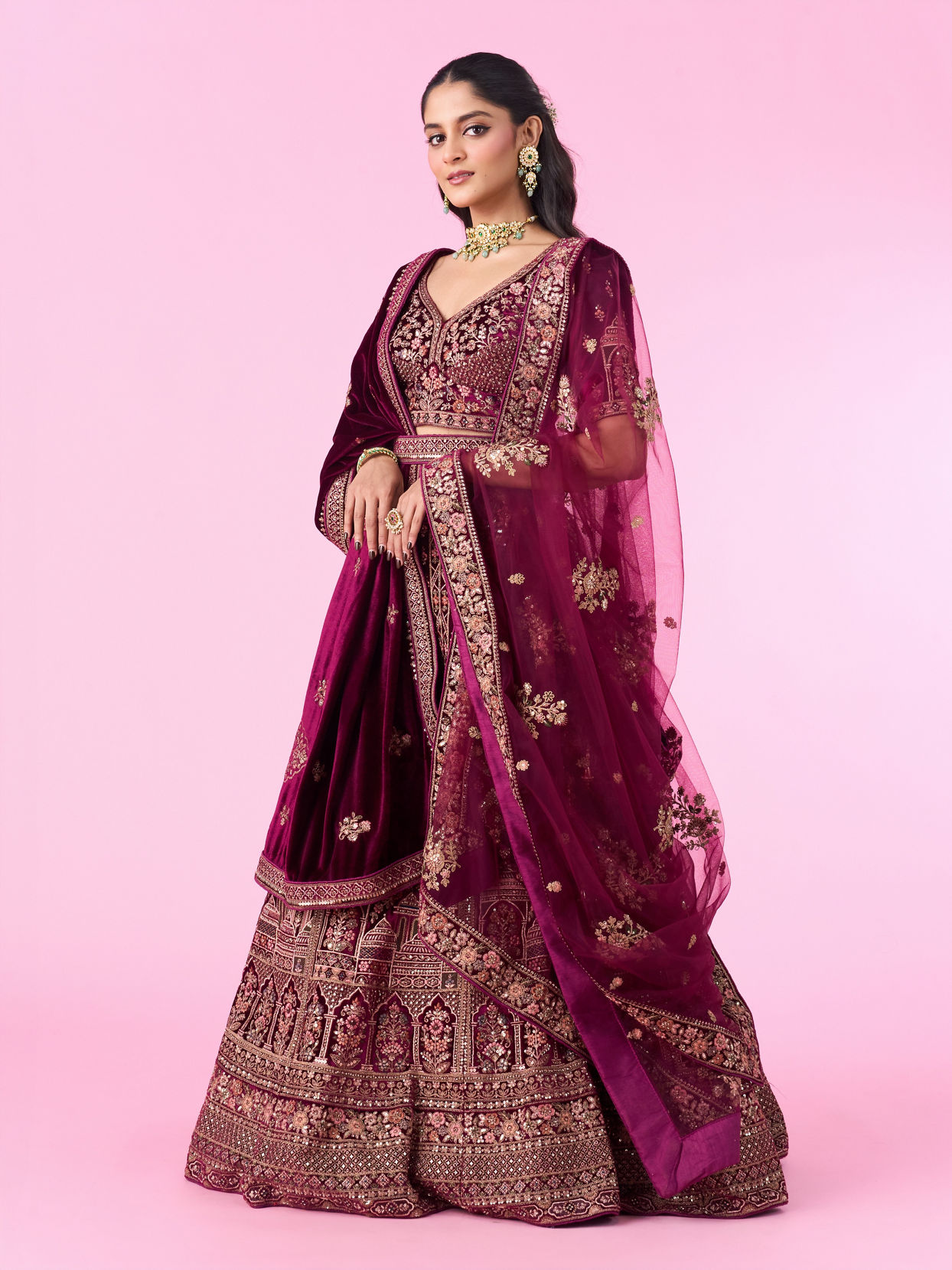 Mohey Women Regal Wine Velvet Bridal Lehenga
