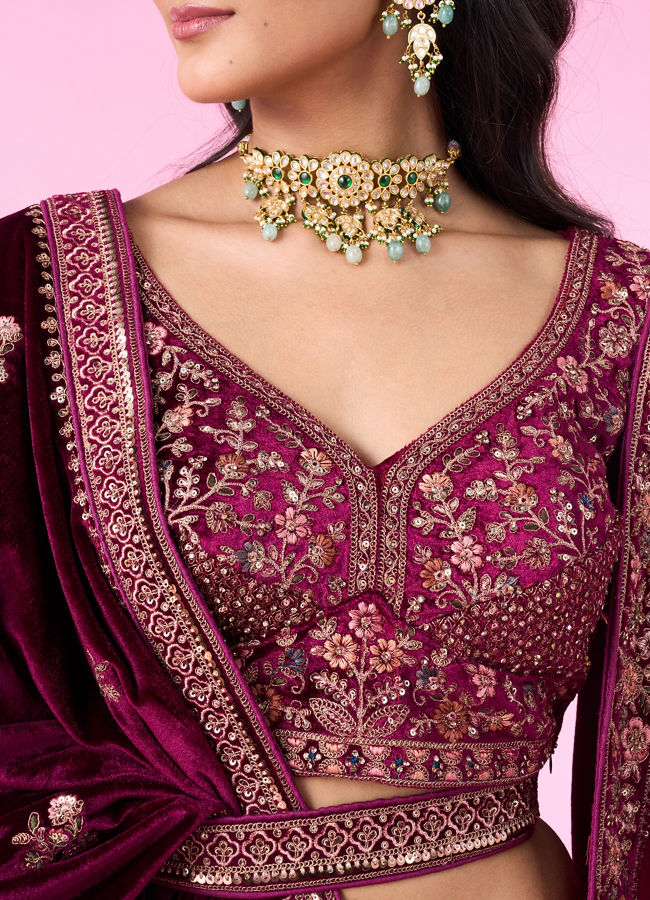 Mohey Women Regal Wine Velvet Bridal Lehenga