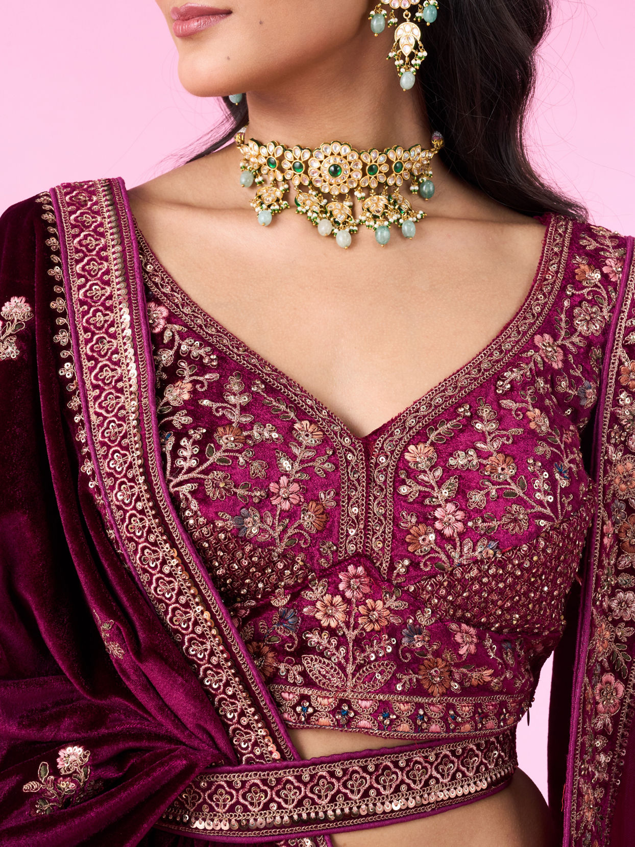 Mohey Women Regal Wine Velvet Bridal Lehenga