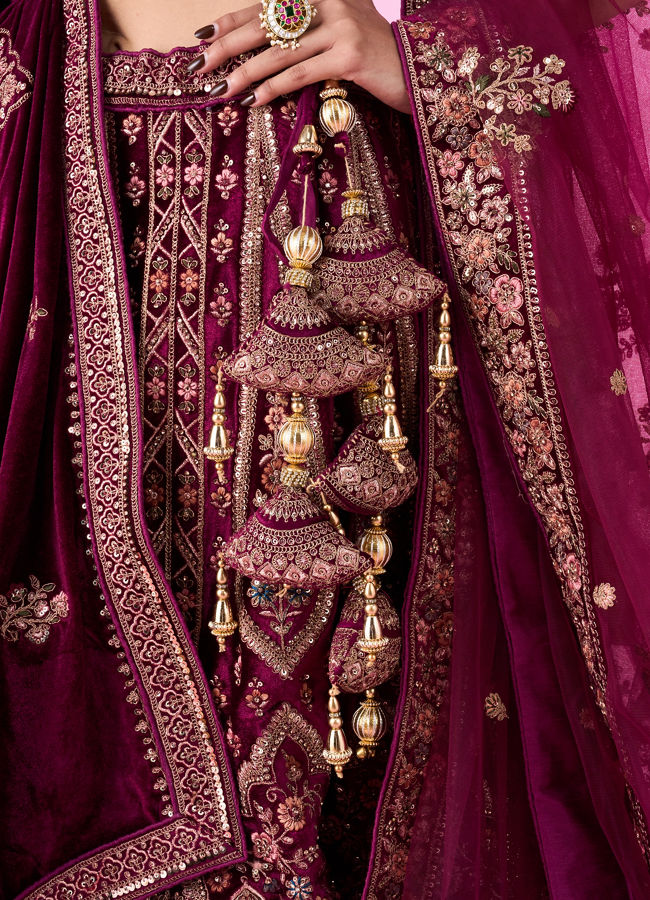 Mohey Women Regal Wine Velvet Bridal Lehenga