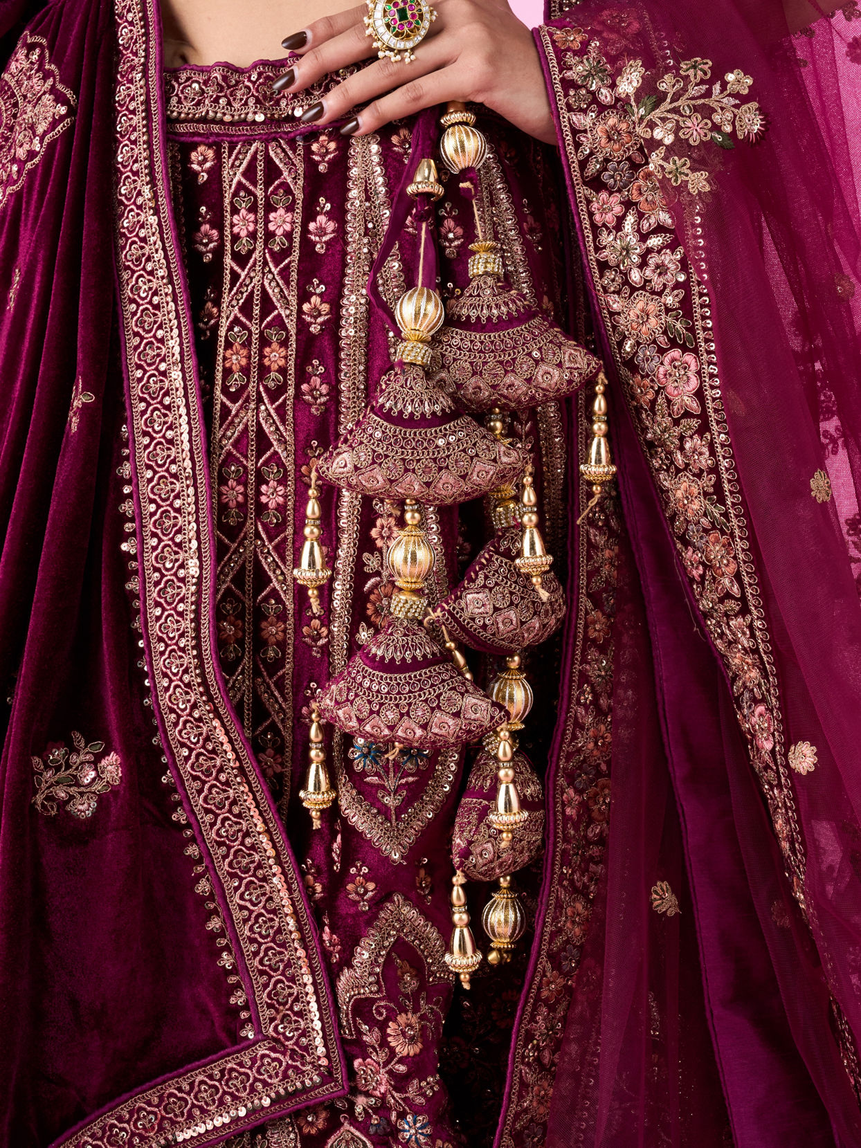 Mohey Women Regal Wine Velvet Bridal Lehenga