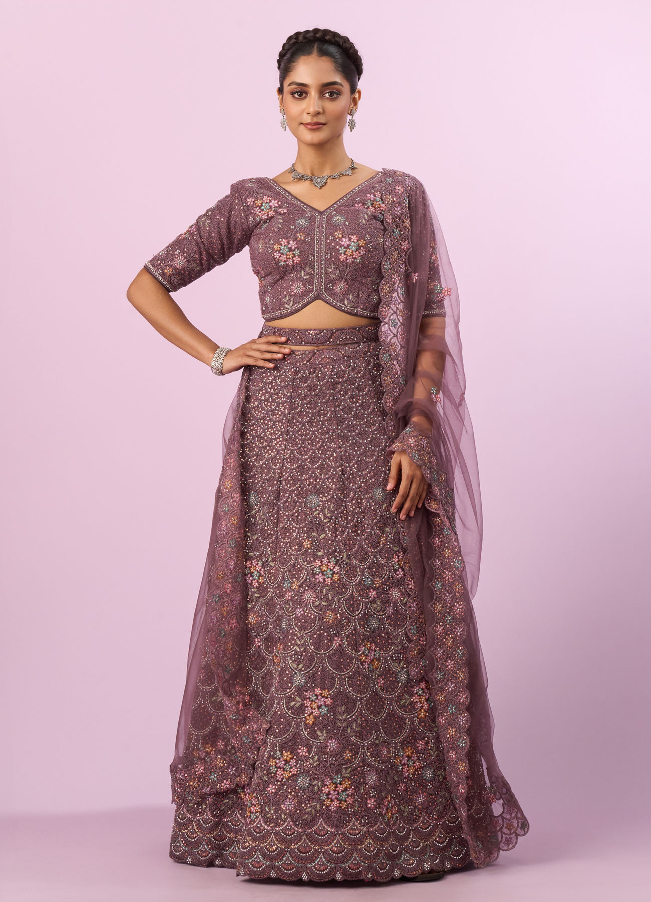 Mohey Women Designer Purple Net Lehenga