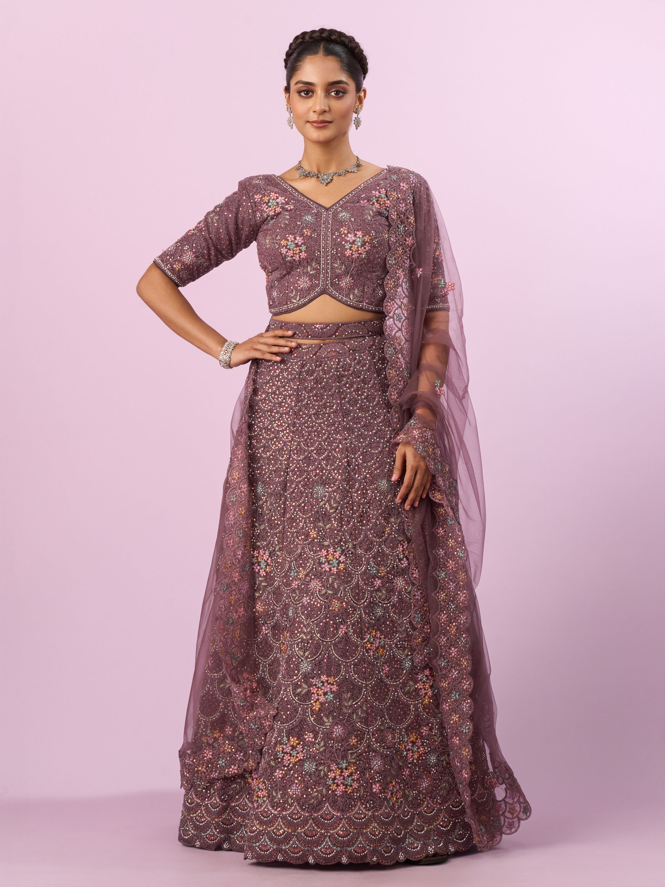 Mohey Women Designer Purple Net Lehenga