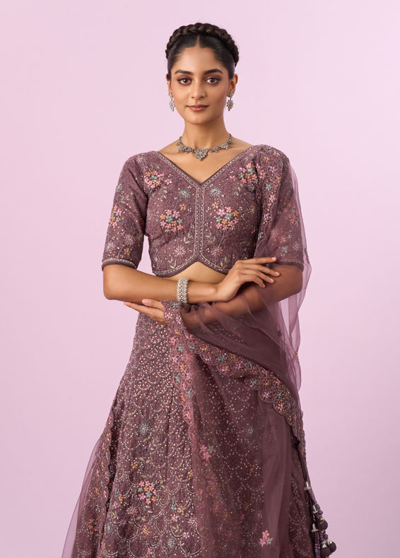 Mohey Women Designer Purple Net Lehenga