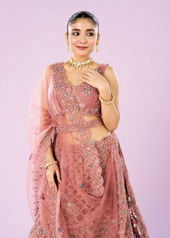 Mohey Women Dusty Pink Radiance Semi Bridal Lehenga