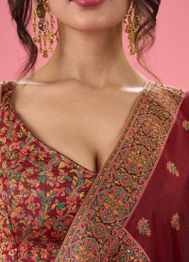 Mohey Women Maroon Art Silk Banarasi Lehenga