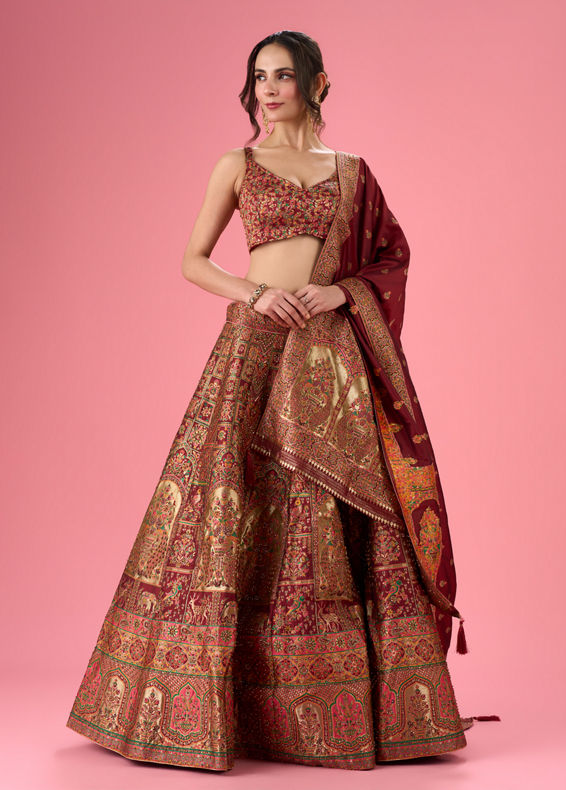Mohey Women Maroon Art Silk Banarasi Lehenga