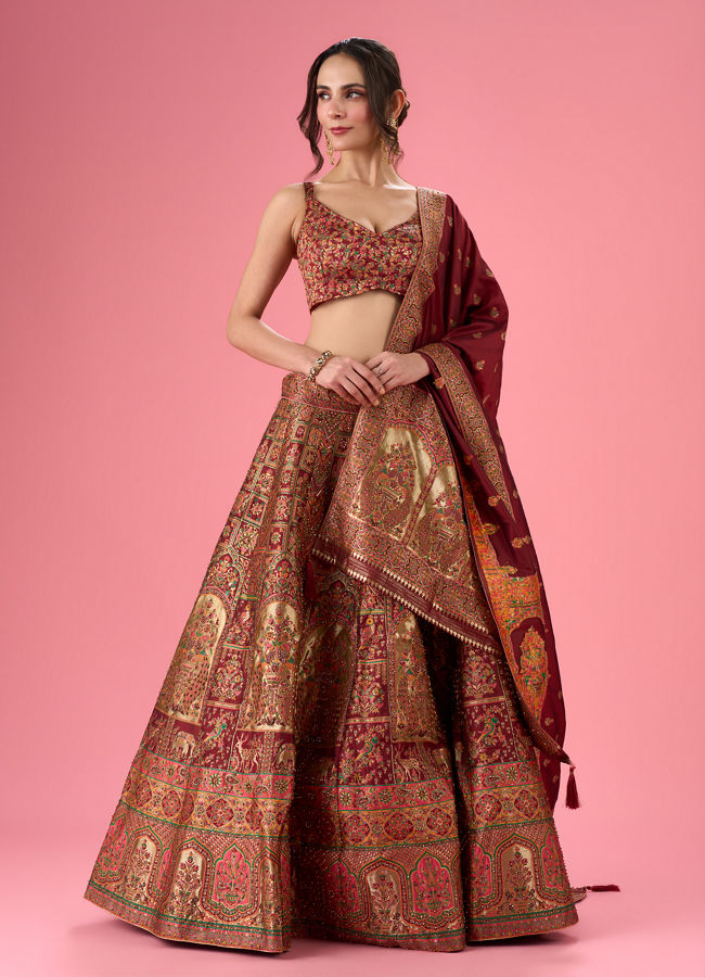 Mohey Women Maroon Banarasi Lehenga