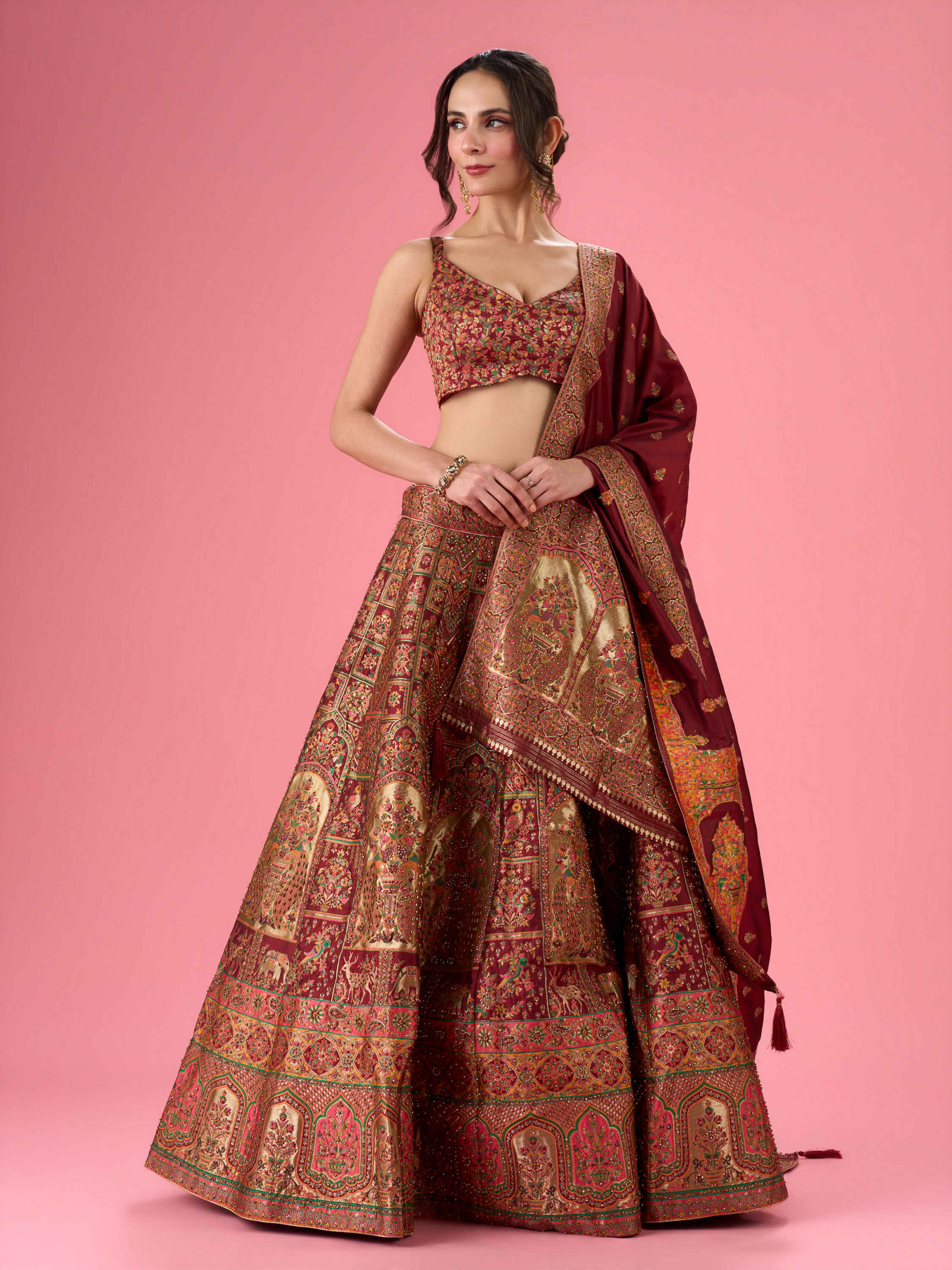 Mohey Women Maroon Art Silk Banarasi Lehenga