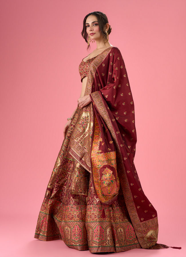 Mohey Women Maroon Art Silk Banarasi Lehenga