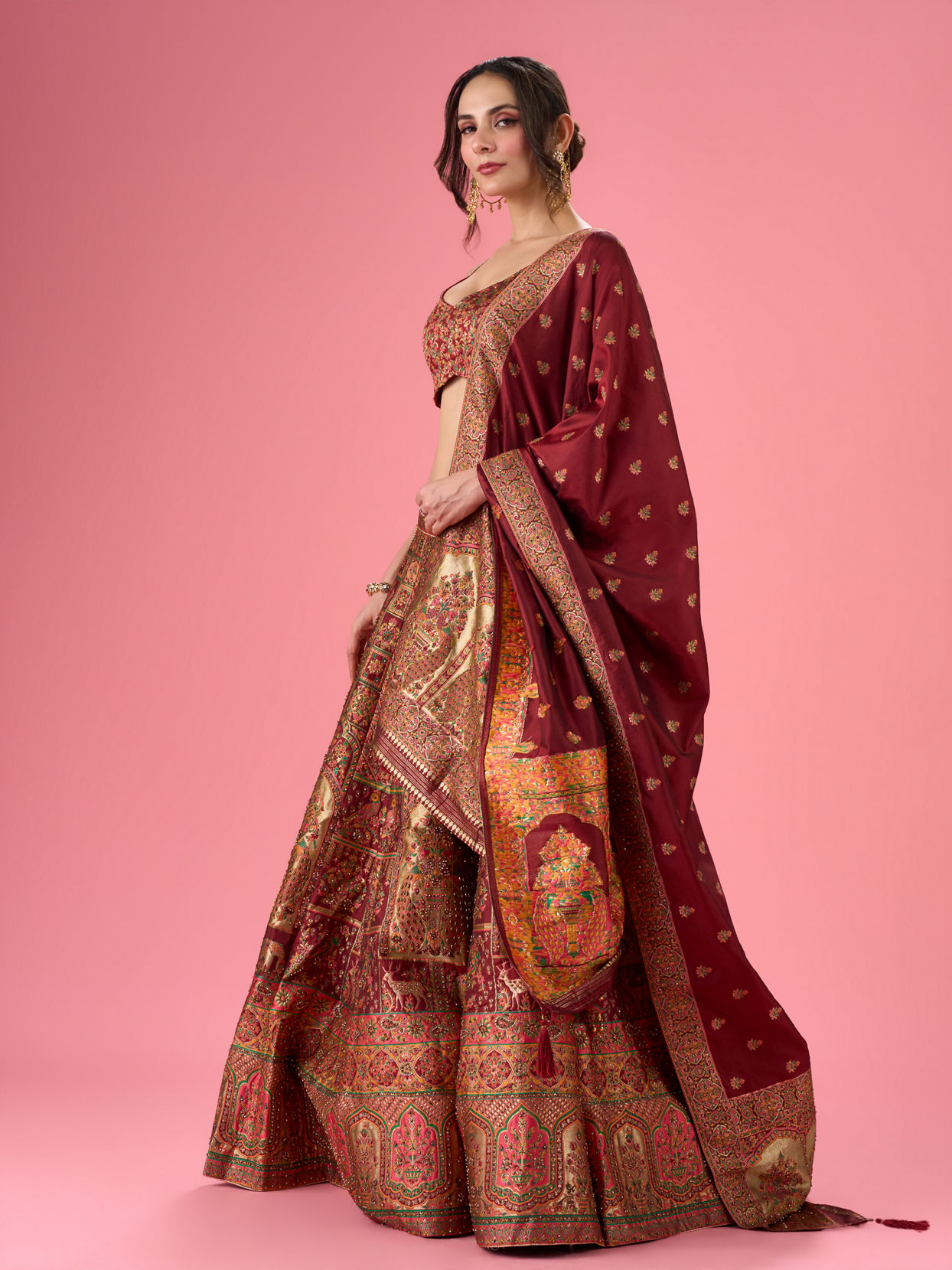 Mohey Women Maroon Art Silk Banarasi Lehenga