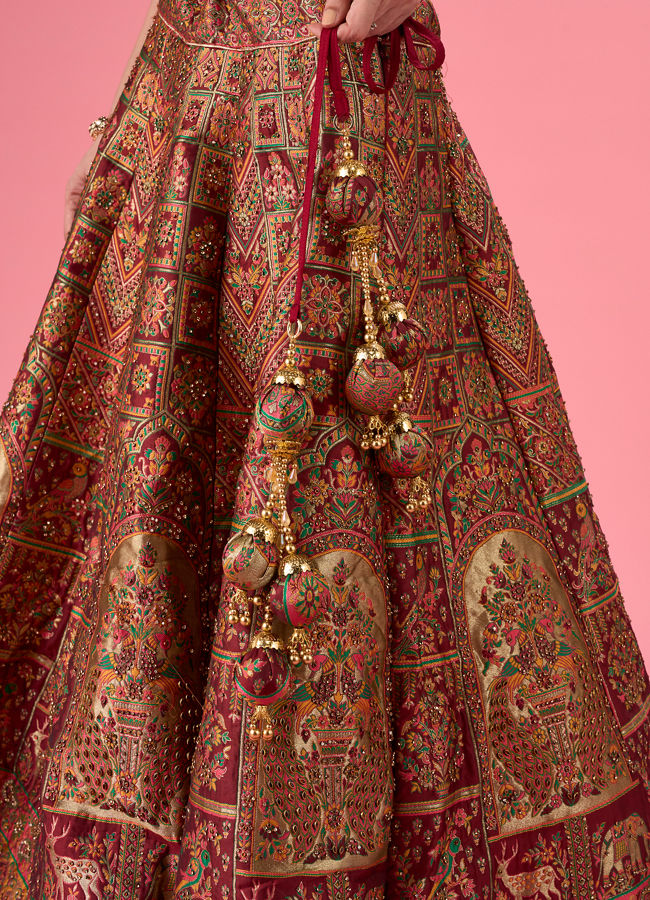 Mohey Women Maroon Art Silk Banarasi Lehenga