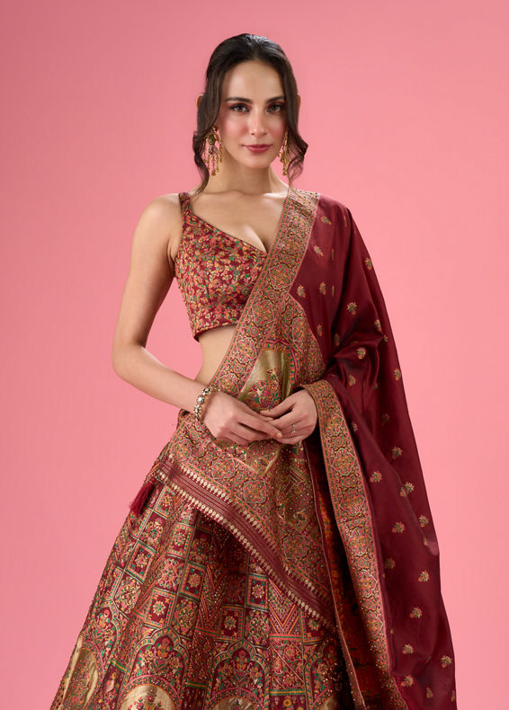 Mohey Women Maroon Art Silk Banarasi Lehenga