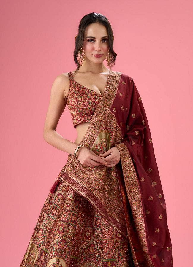 Mohey Women Maroon Banarasi Lehenga