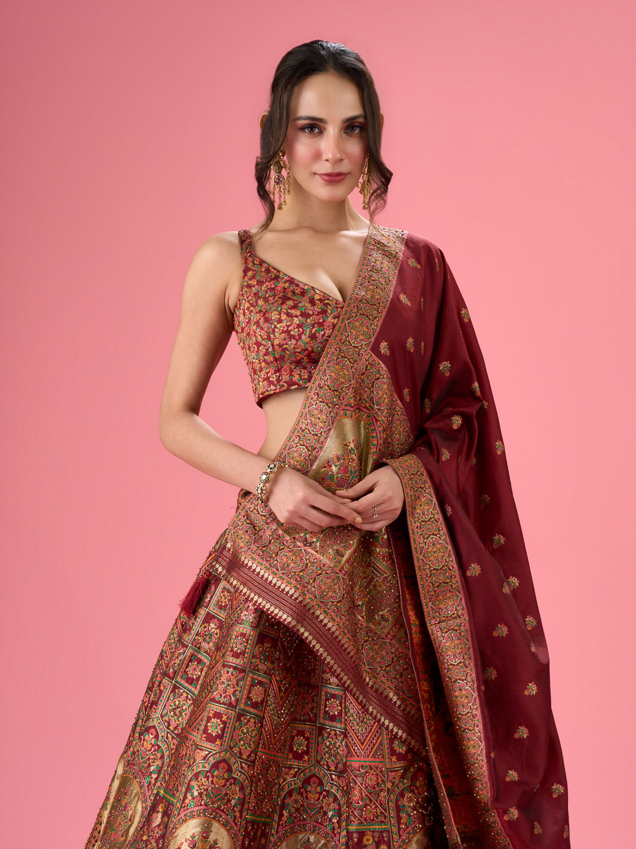 Mohey Women Maroon Banarasi Lehenga