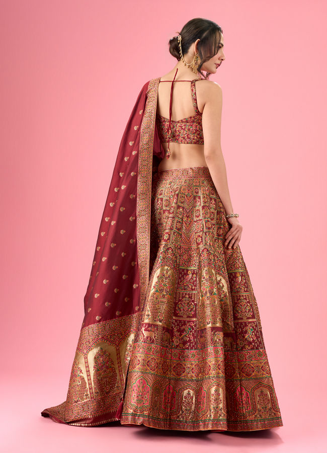 Mohey Women Maroon Art Silk Banarasi Lehenga