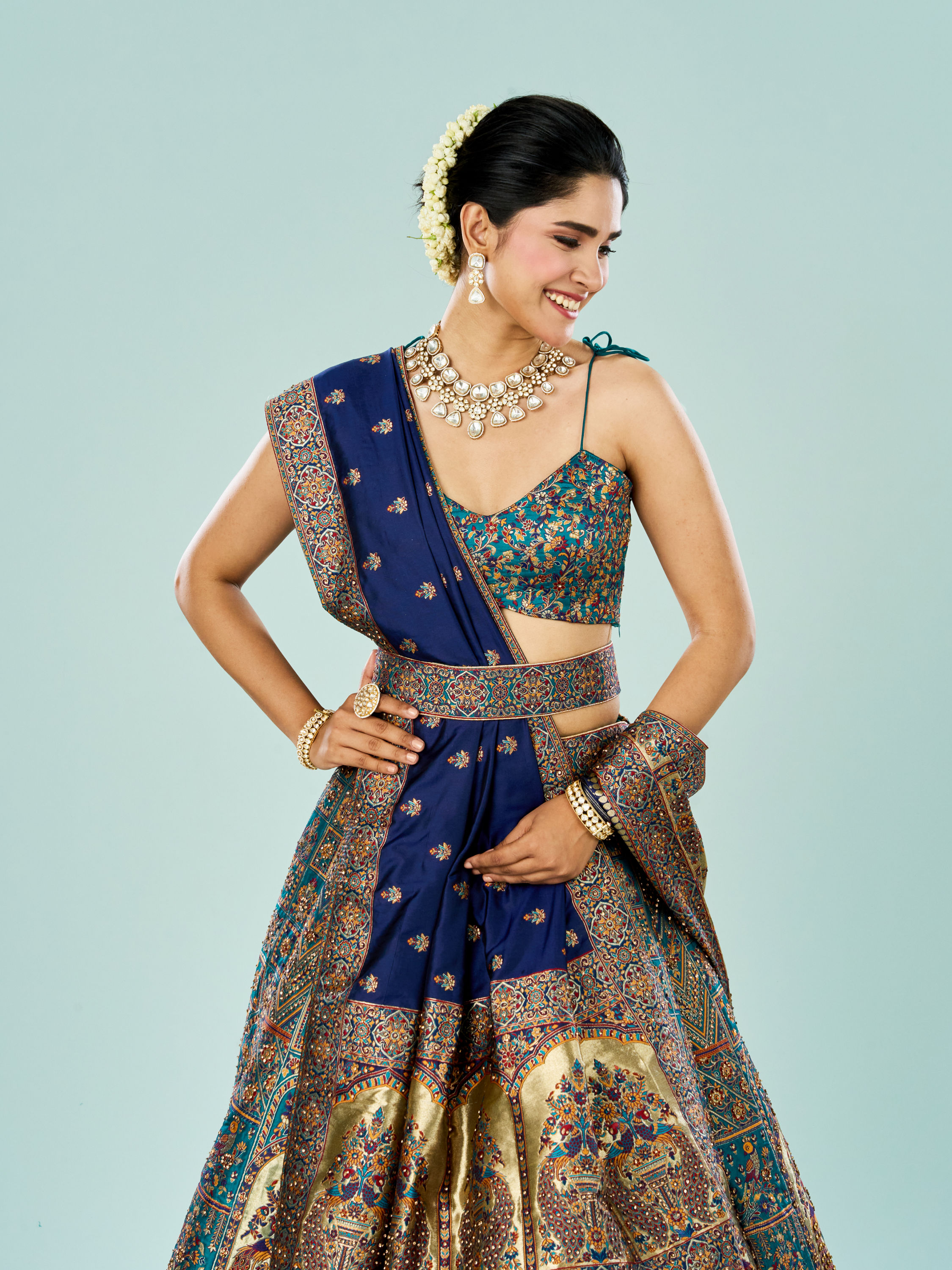 Mohey Women Emerald Elegance Semi Bridal Lehenga