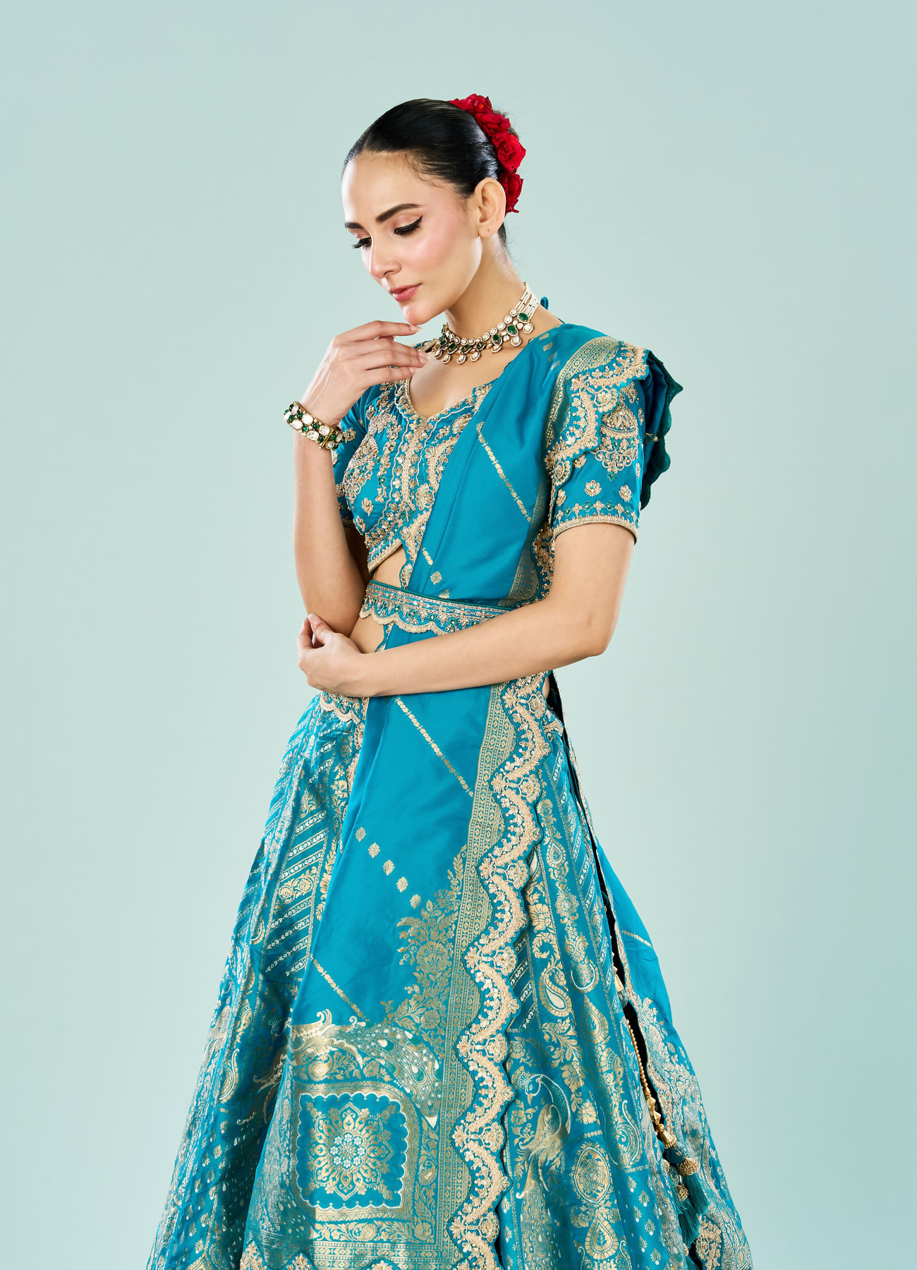 Mohey Women Ravishing Rama Green Semi Bridal Lehenga
