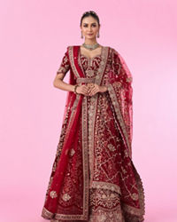 Mohey Women Maroon Majesty Velvet Bridal Lehenga