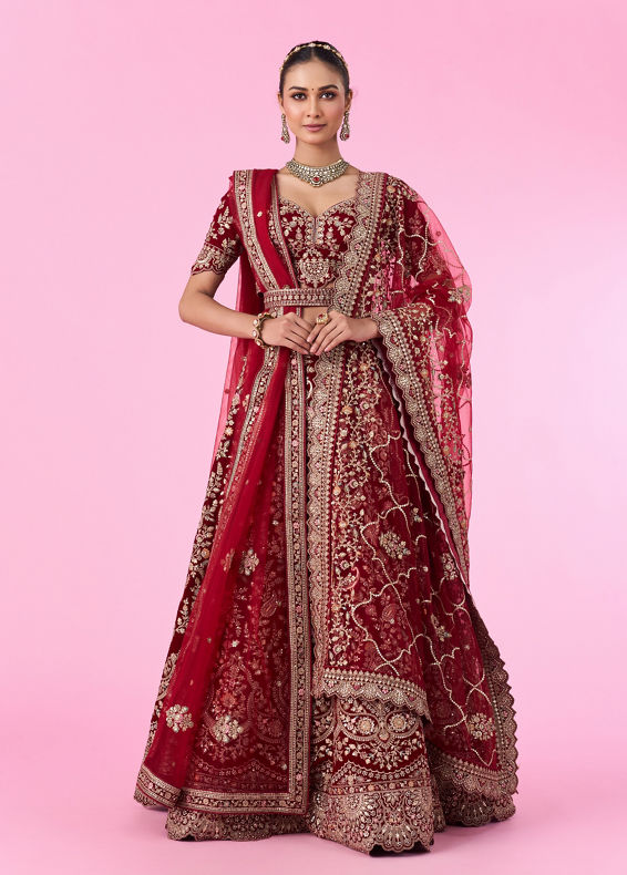 Mohey Women Maroon Majesty Velvet Bridal Lehenga