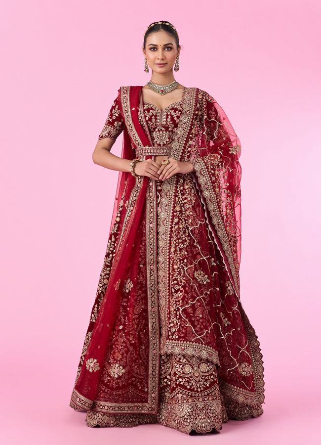 Mohey Women Maroon Majesty Velvet Bridal Lehenga