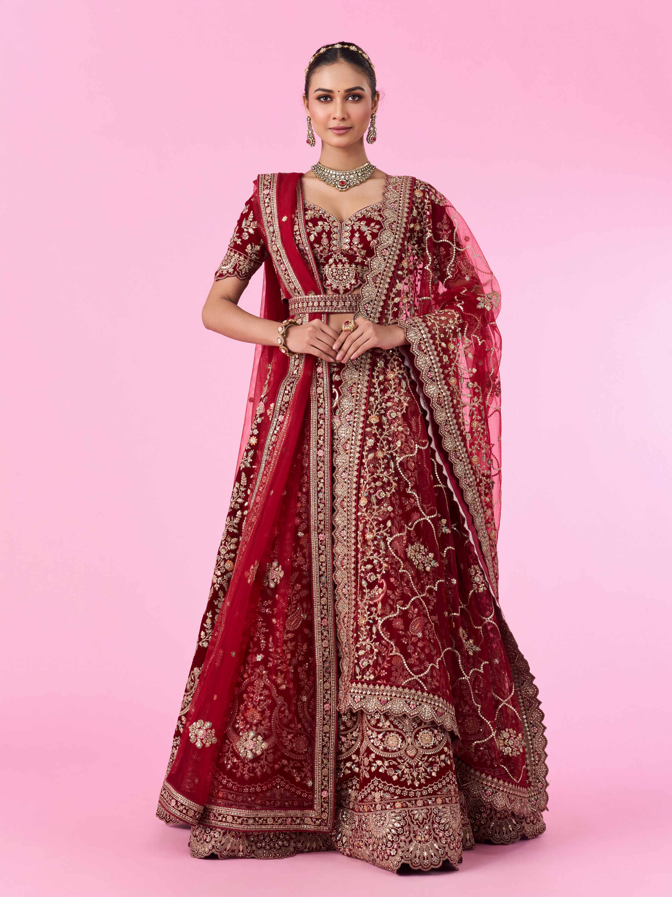 Mohey Women Maroon Majesty Velvet Bridal Lehenga