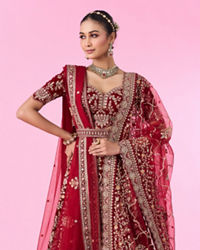 Mohey Women Maroon Majesty Velvet Bridal Lehenga