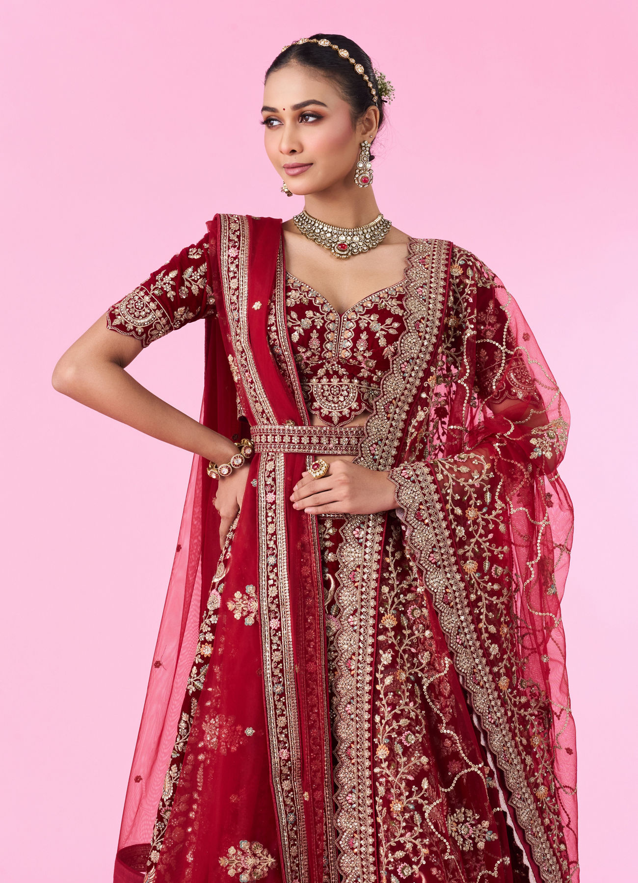 Mohey Women Maroon Majesty Velvet Bridal Lehenga