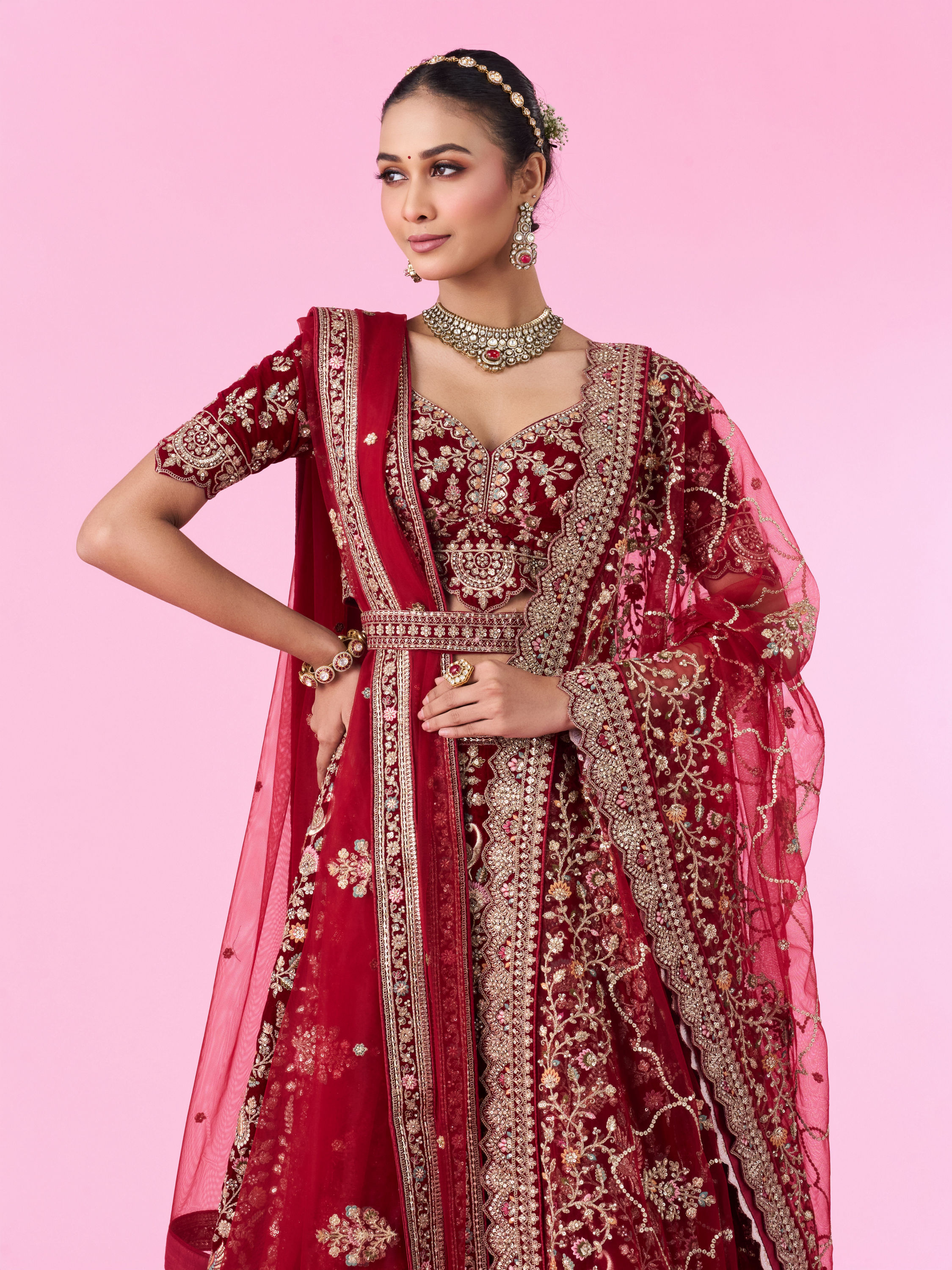 Mohey Women Maroon Majesty Velvet Bridal Lehenga