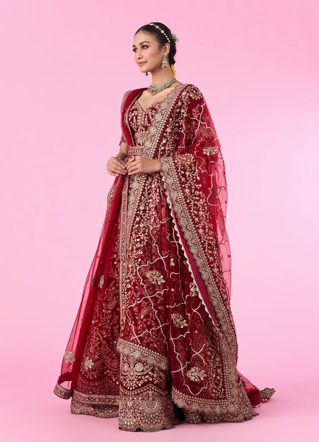 Mohey Women Maroon Majesty Velvet Bridal Lehenga