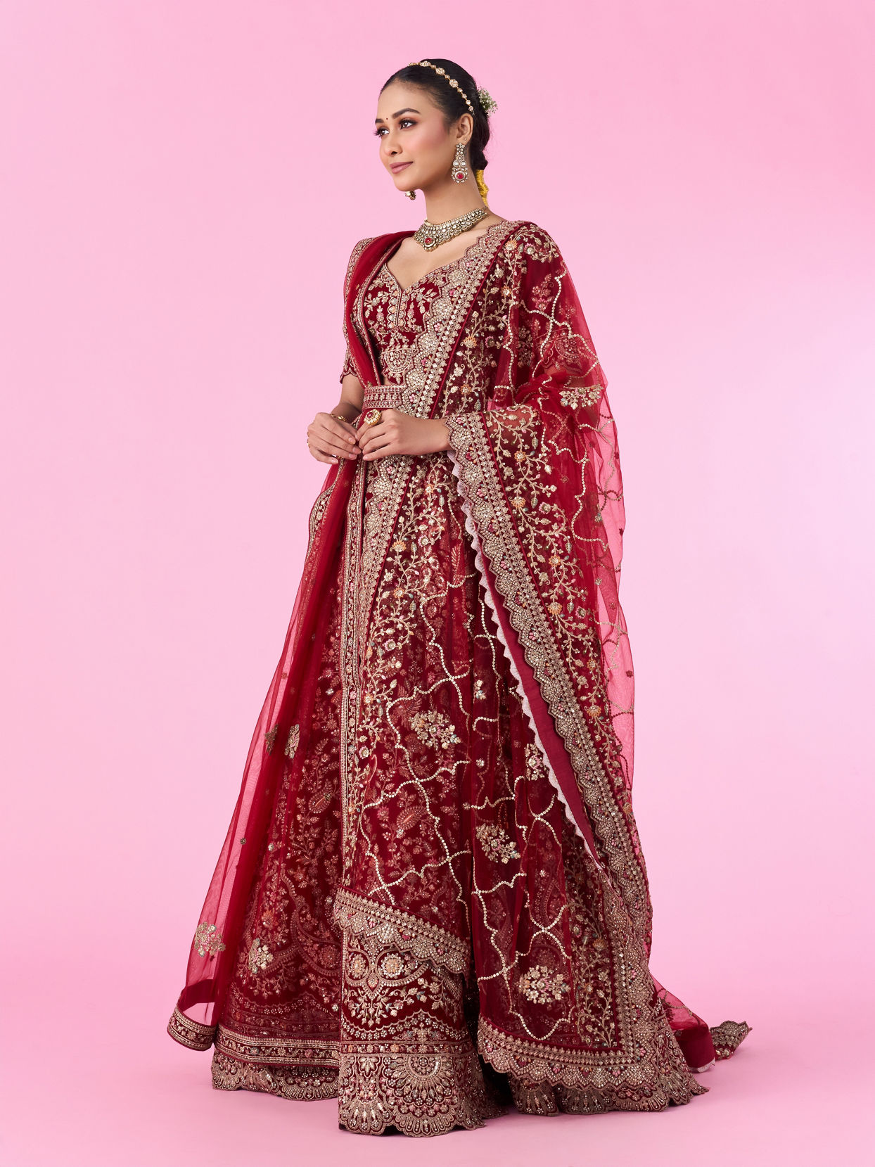 Mohey Women Maroon Majesty Velvet Bridal Lehenga