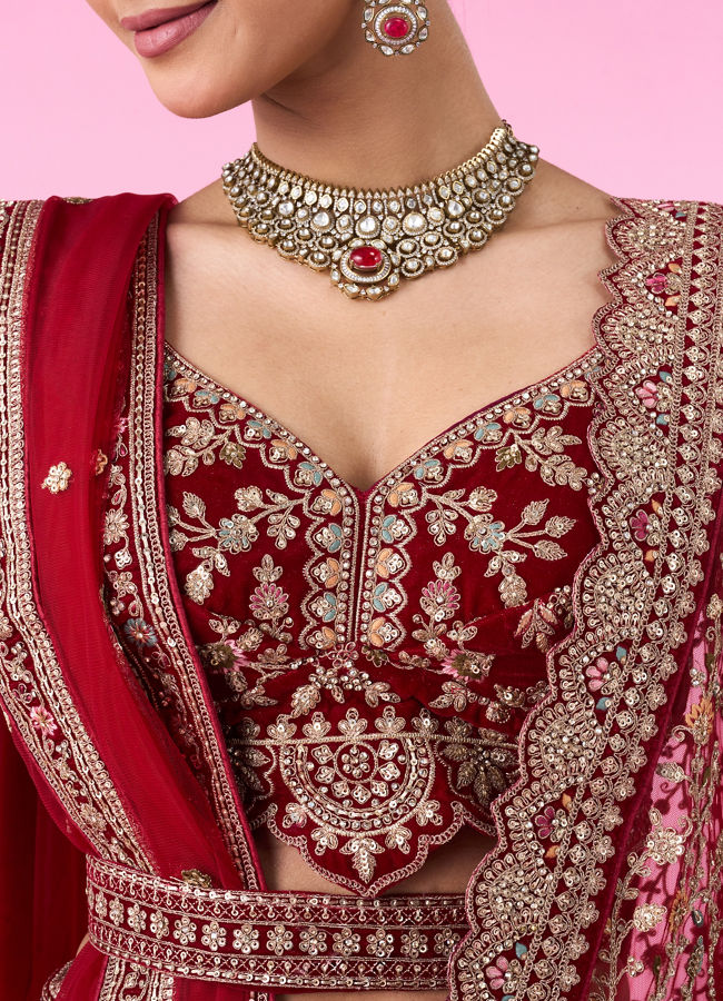 Mohey Women Maroon Majesty Velvet Bridal Lehenga