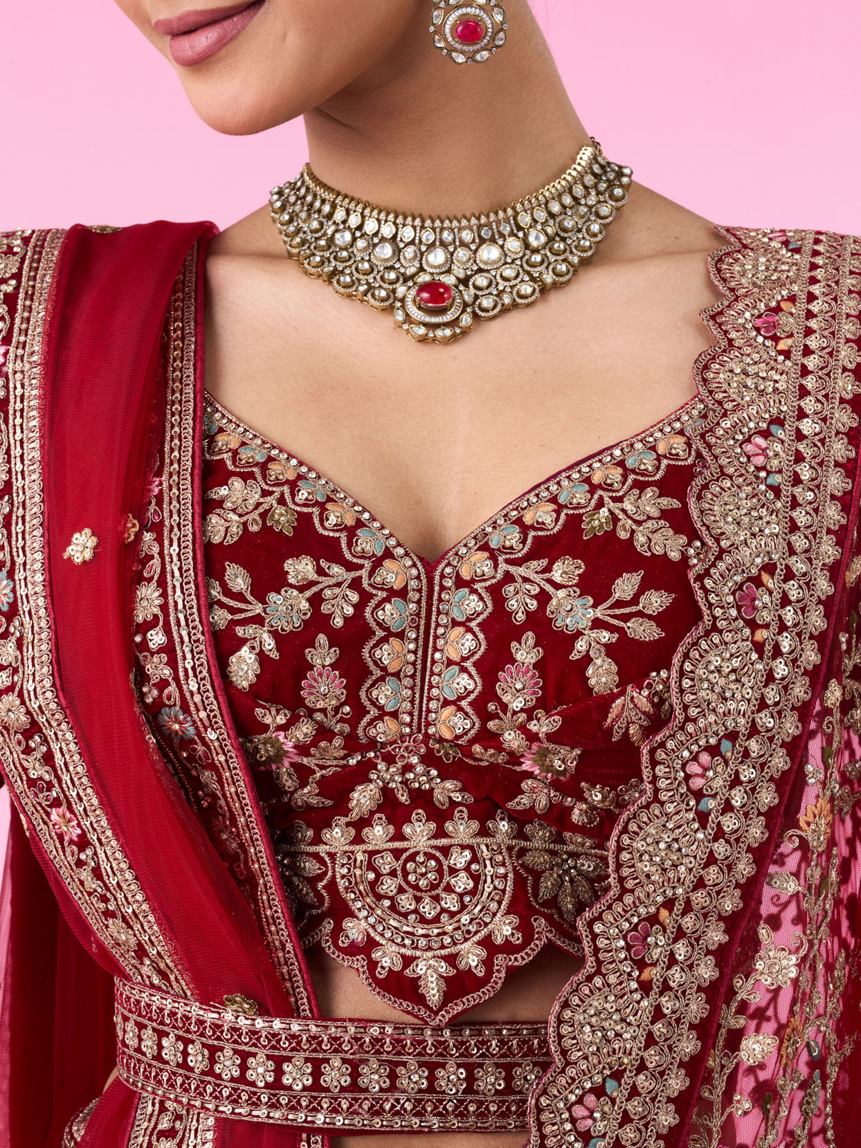 Mohey Women Maroon Majesty Velvet Bridal Lehenga