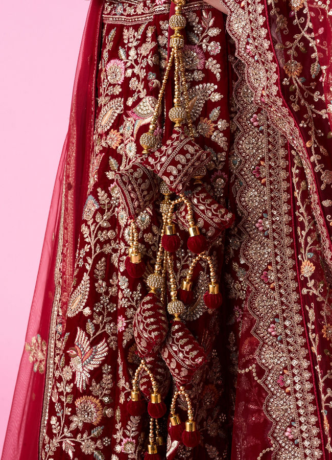 Mohey Women Maroon Majesty Velvet Bridal Lehenga