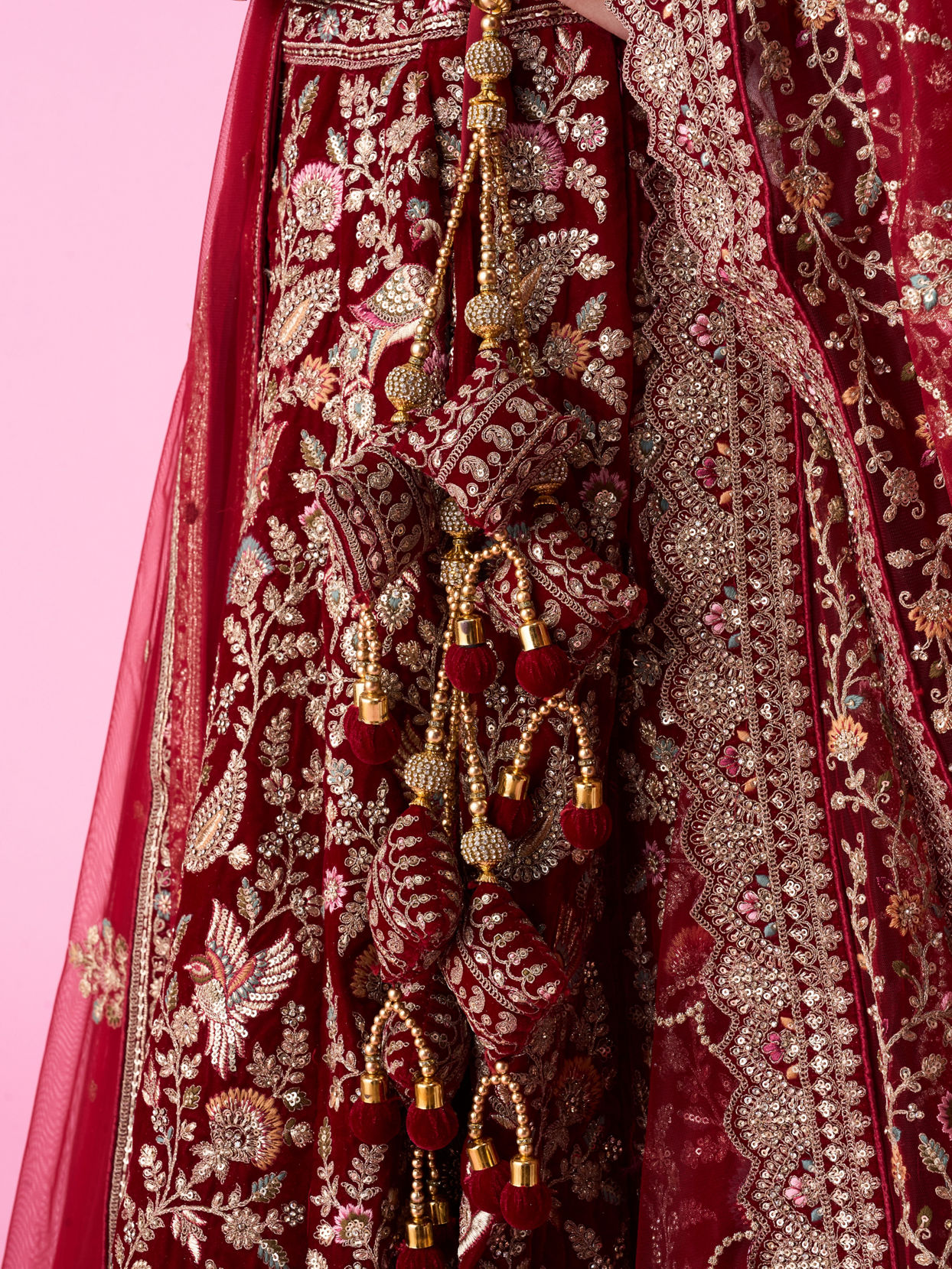 Mohey Women Maroon Majesty Velvet Bridal Lehenga