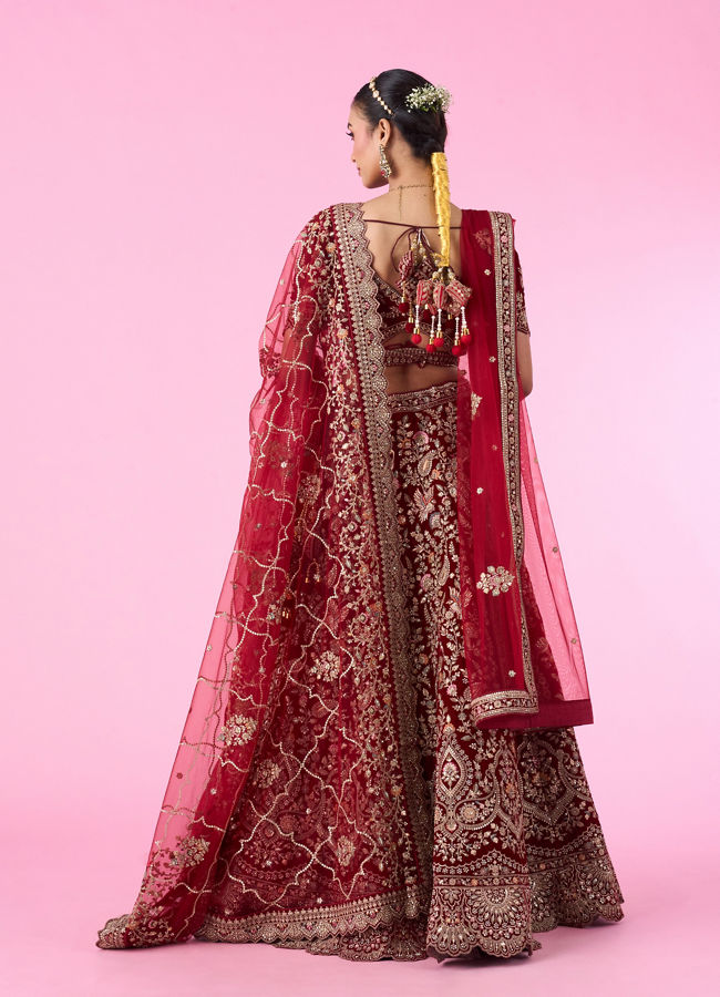 Mohey Women Maroon Majesty Velvet Bridal Lehenga
