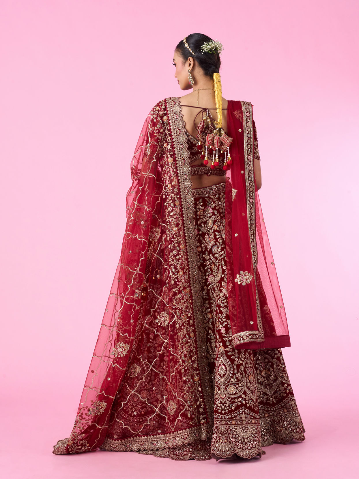 Mohey Women Maroon Majesty Velvet Bridal Lehenga