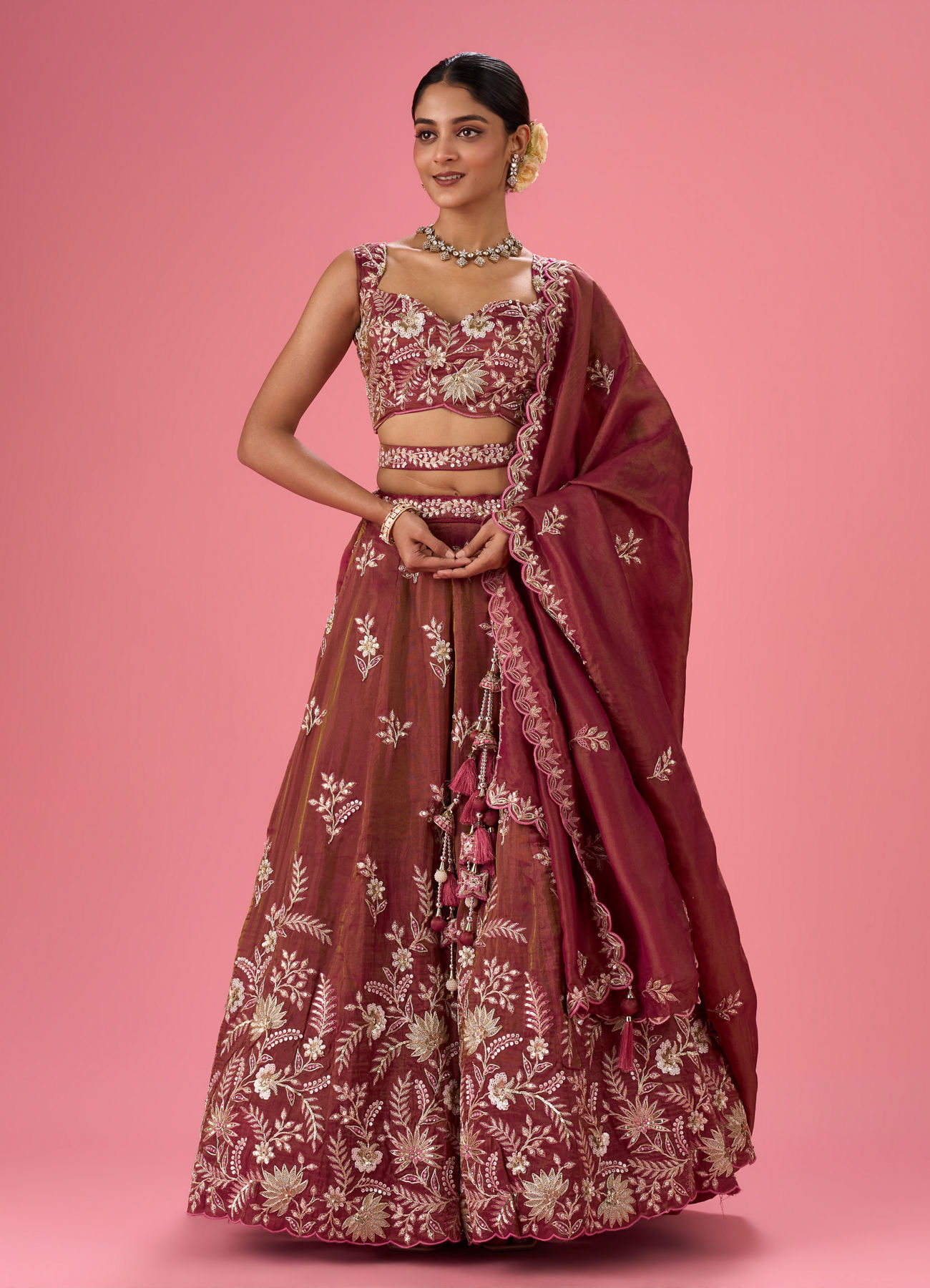 Mohey Women Wine Hue Chinon Layered Lehenga