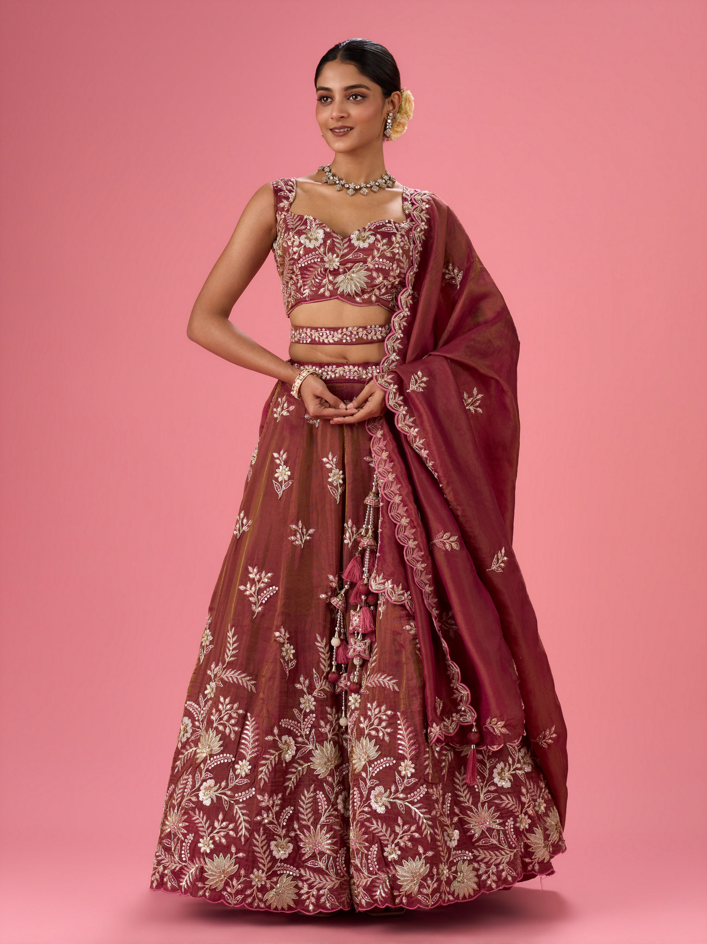 Mohey Women Wine Hue Chinon Layered Lehenga