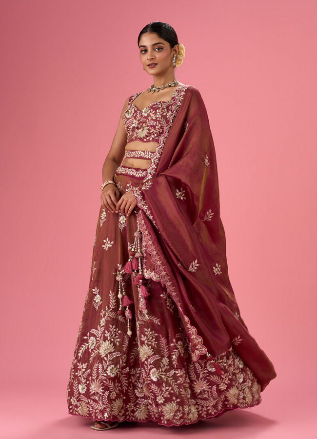 Mohey Women Wine Hue Chinon Layered Lehenga