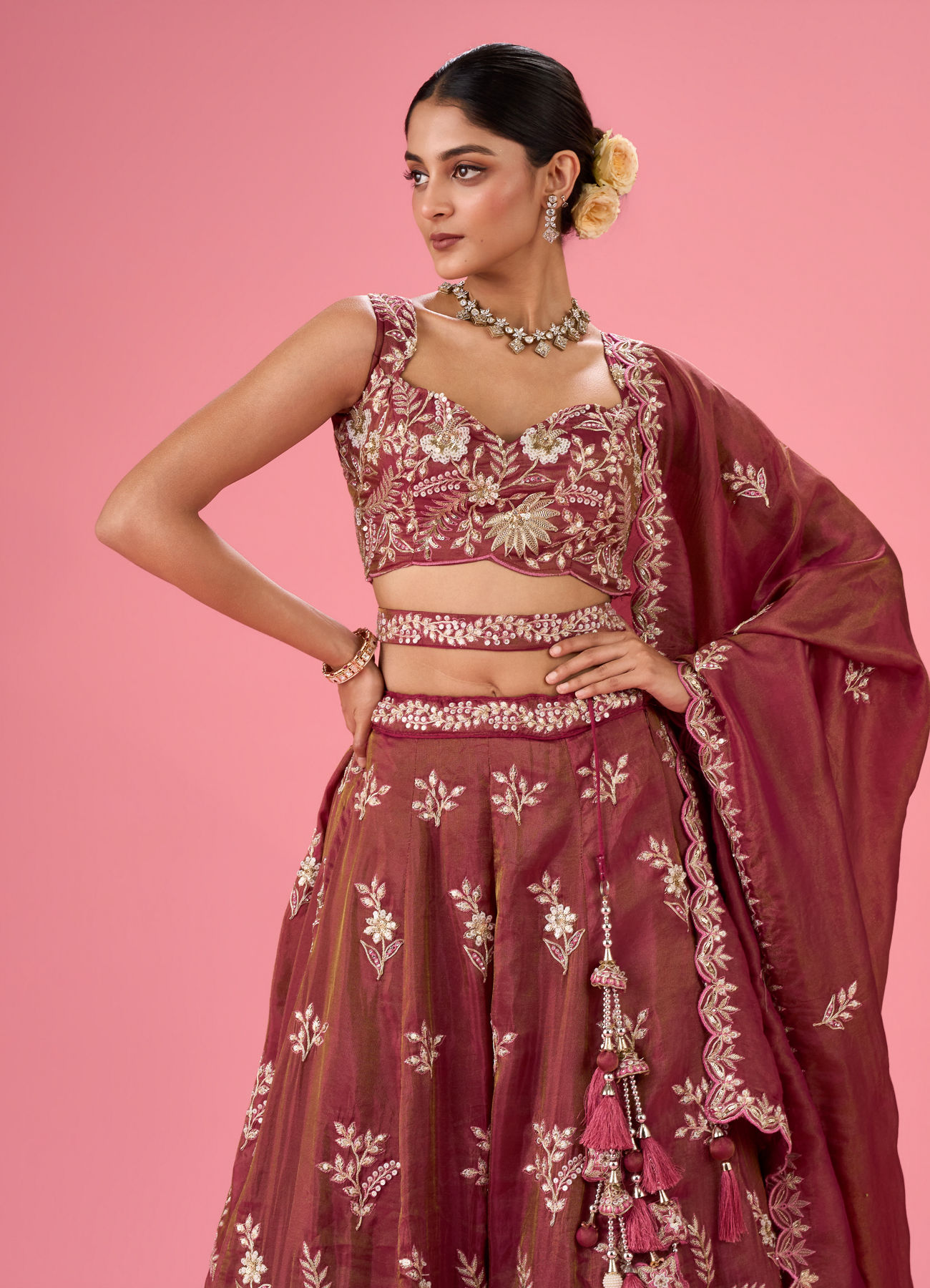 Mohey Women Wine Hue Chinon Layered Lehenga