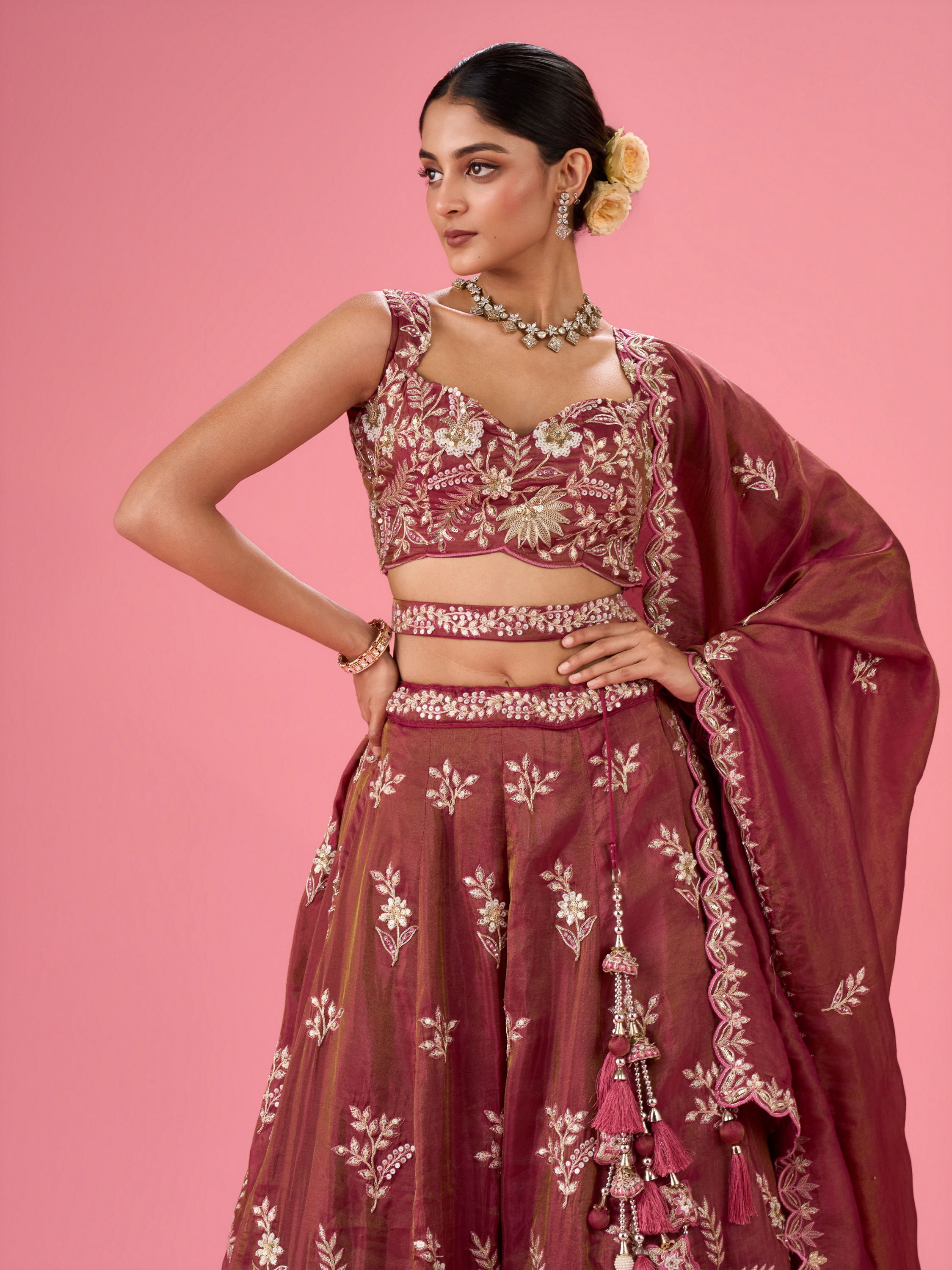 Mohey Women Wine Hue Chinon Layered Lehenga