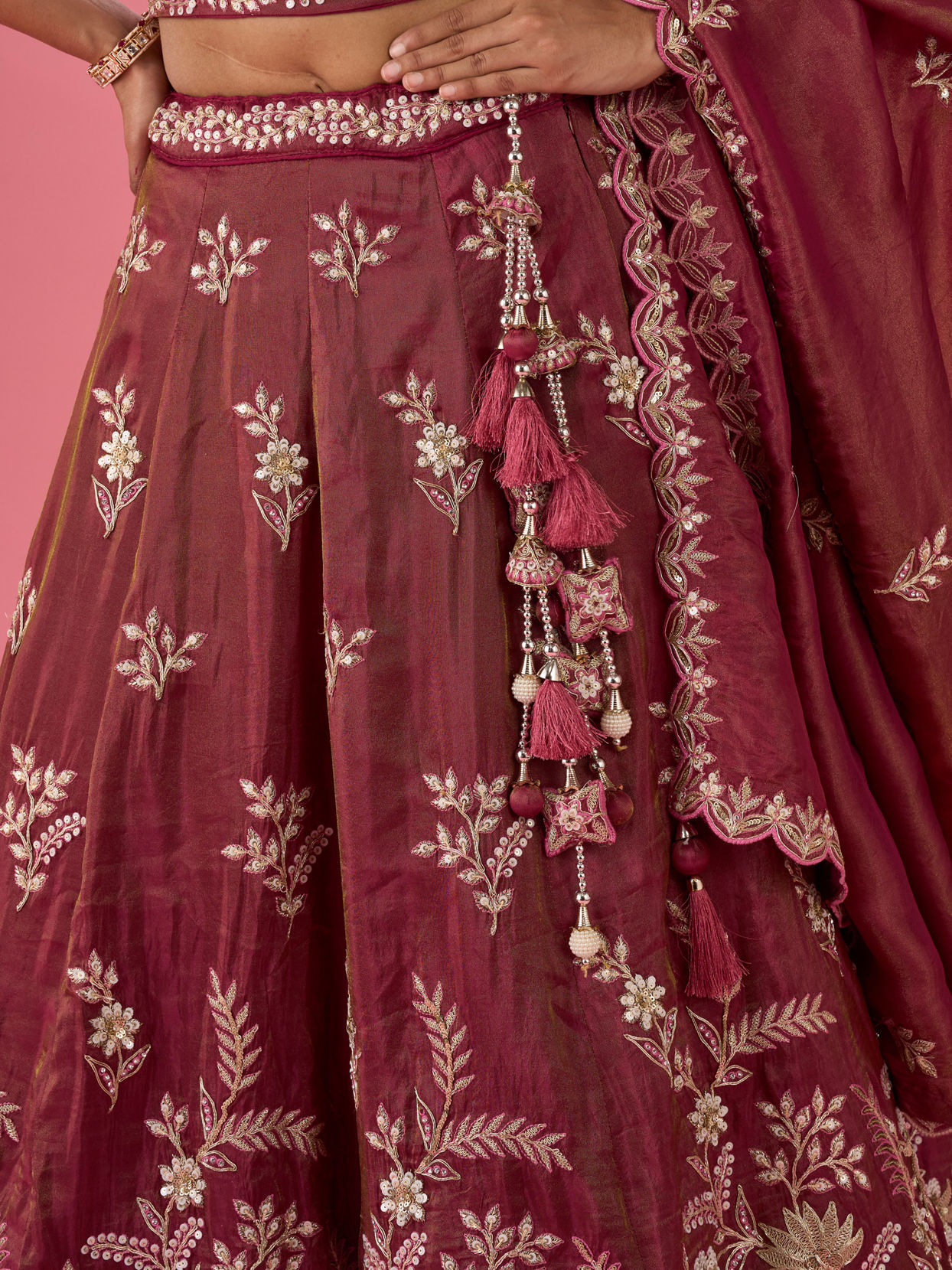 Mohey Women Wine Hue Chinon Layered Lehenga