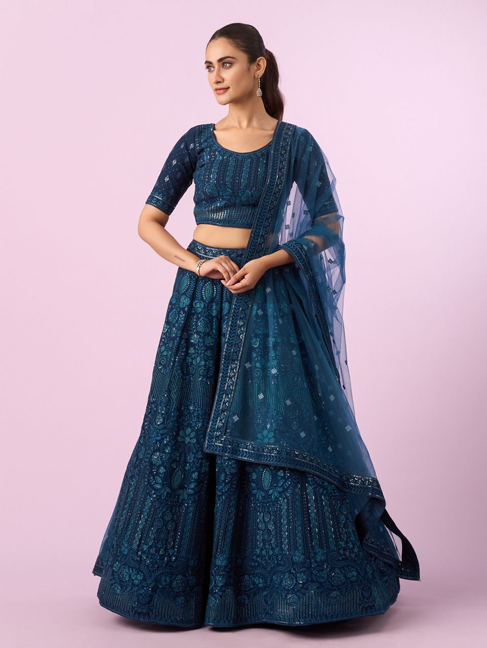 Mohey Women Blue Net Lehenga Set