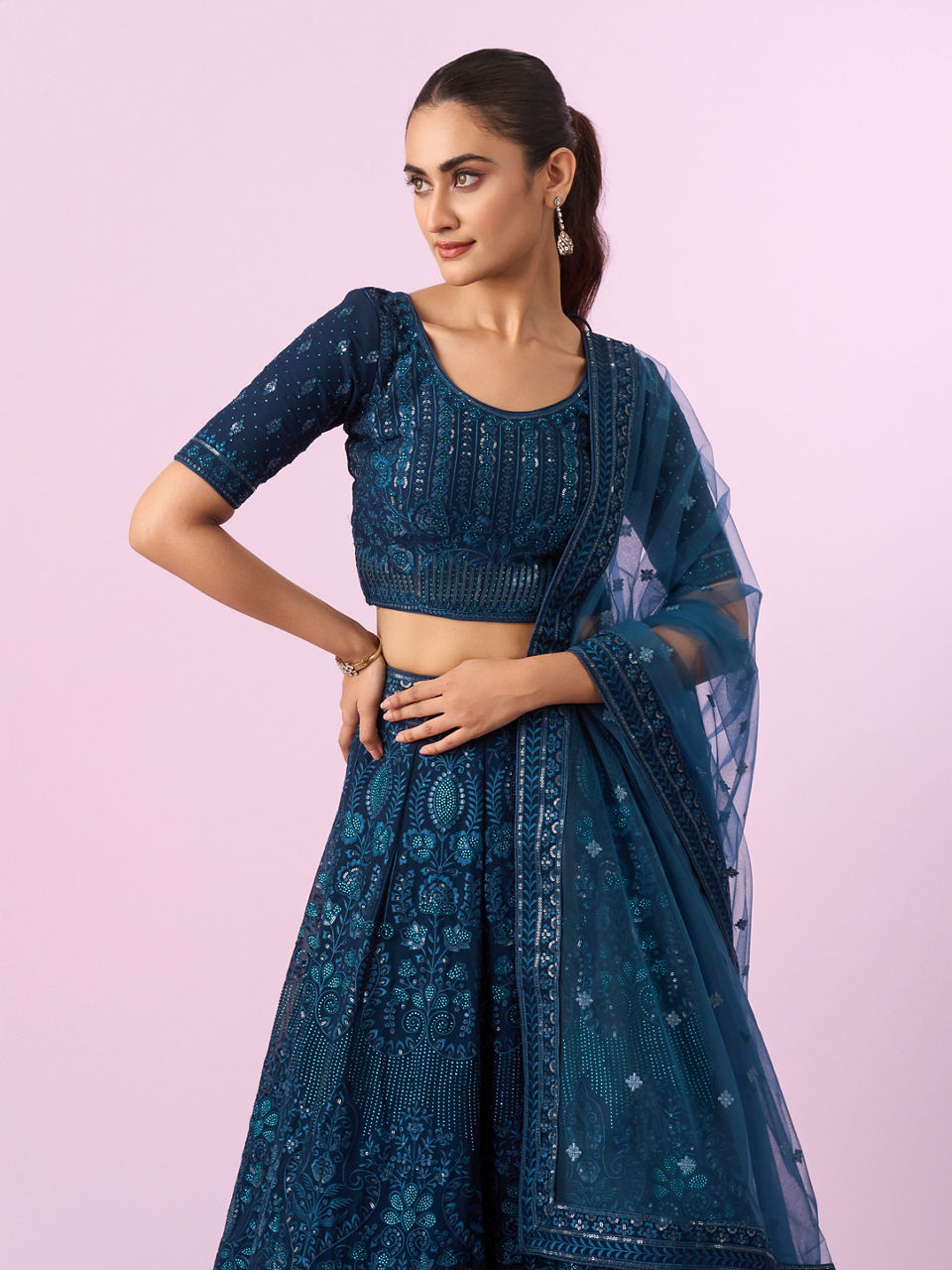 Mohey Women Blue Net Lehenga Set