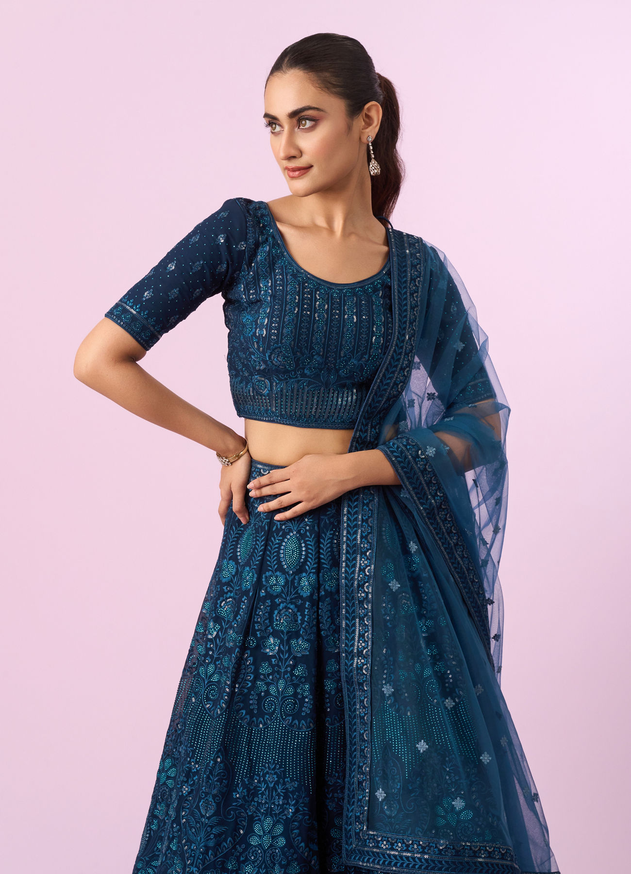 Mohey Women Blue Net Lehenga Set
