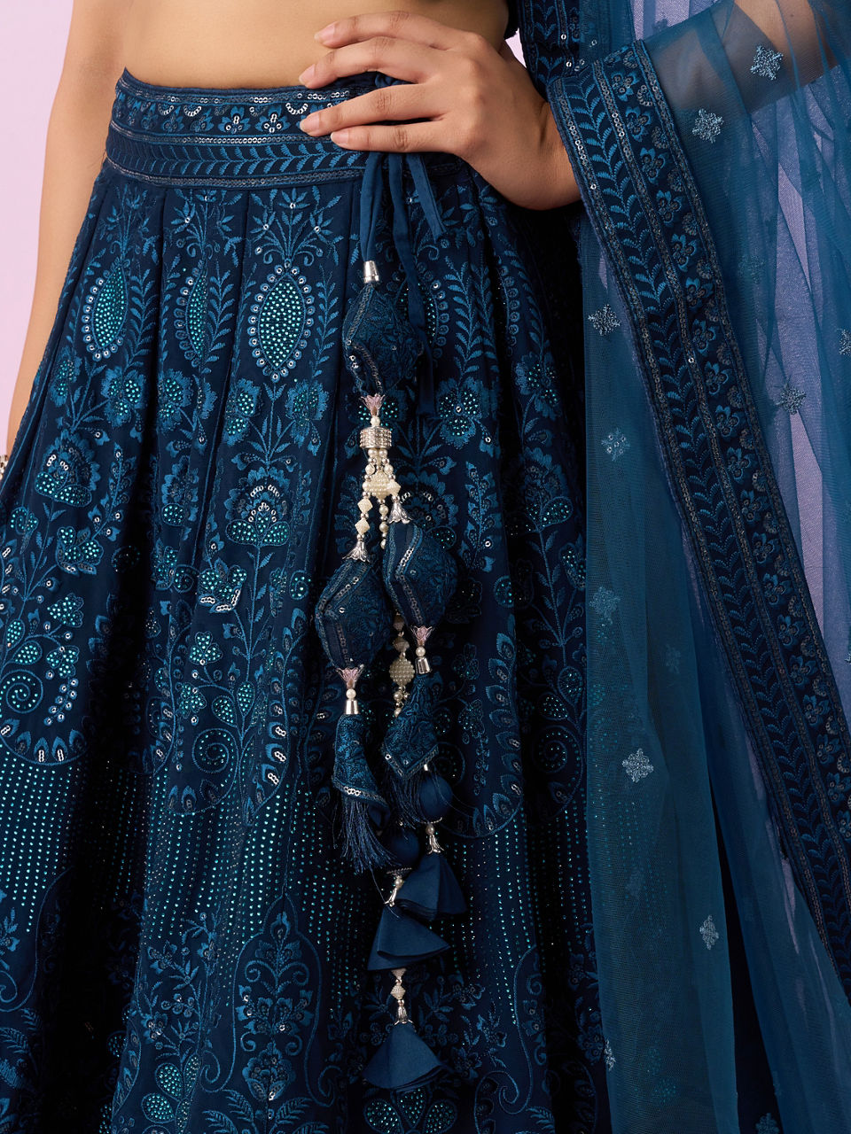 Mohey Women Blue Net Lehenga Set